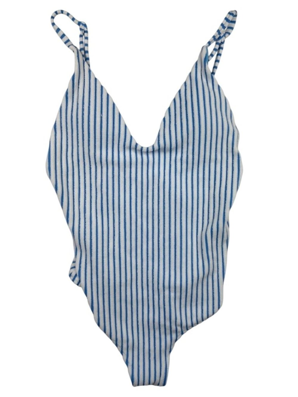 Aerie Terry Cloth Striped One Piece Swimsuit Women's M Blue White Retro 80's